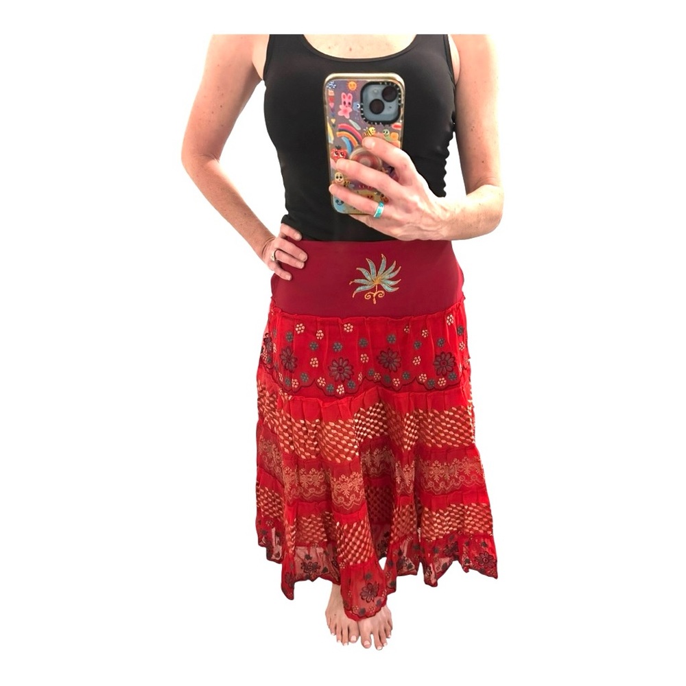 Juliet Dunn London Vintage Red Lined Embellished Boho Embroidered Skirt …
